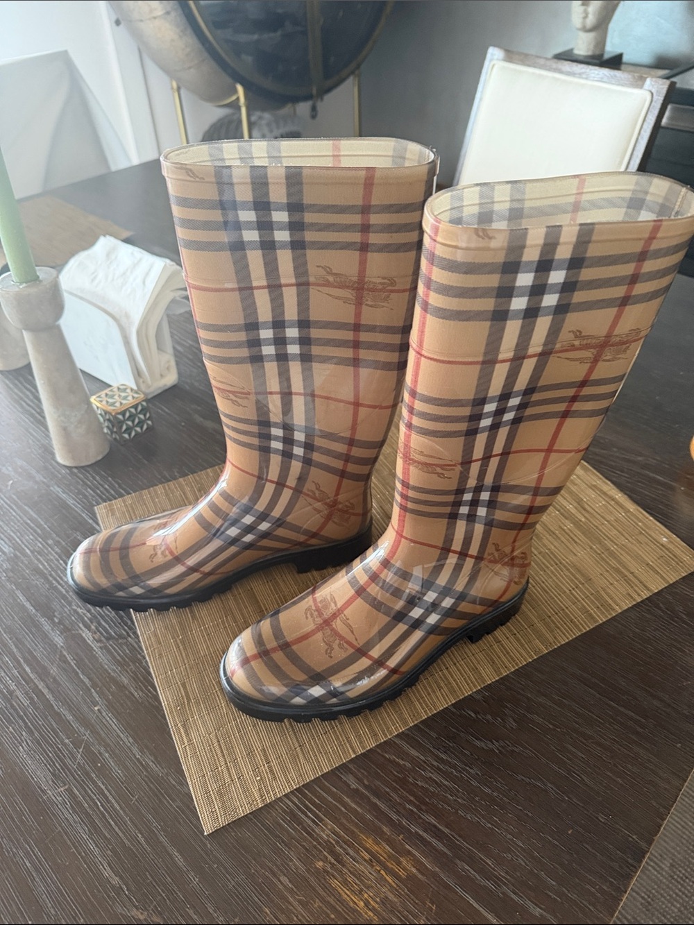 Burberry Tan Plaid Knee-High Rain Boots